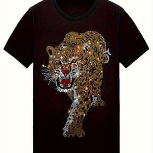 Rhinestone Tiger Print T-Shirt - Black Crew Neck, Short Sleeve S to 3XL